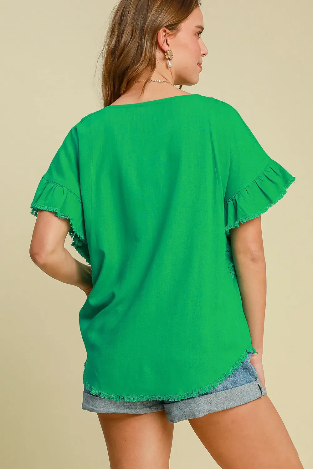 Tuscany Terrace Linen Raw Hem Ruffle Blouse