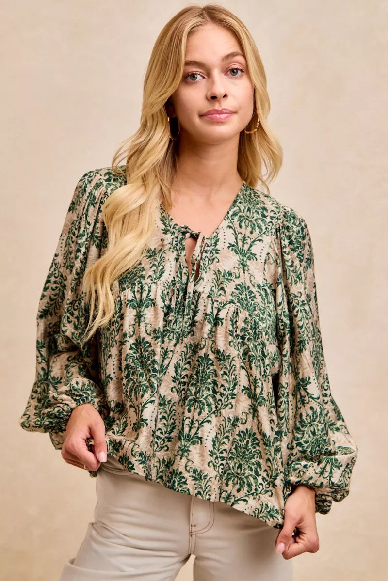 BiBi Printed Woven Front Tied Blouse with Baloon Sleeve