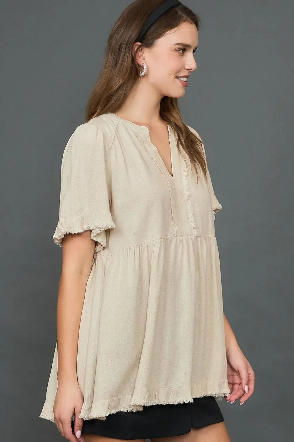 Dreamy Days Raw Hem Babydoll Linen Blouse