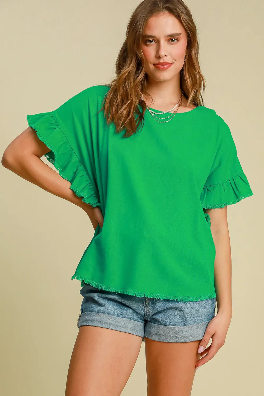 Tuscany Terrace Linen Raw Hem Ruffle Blouse