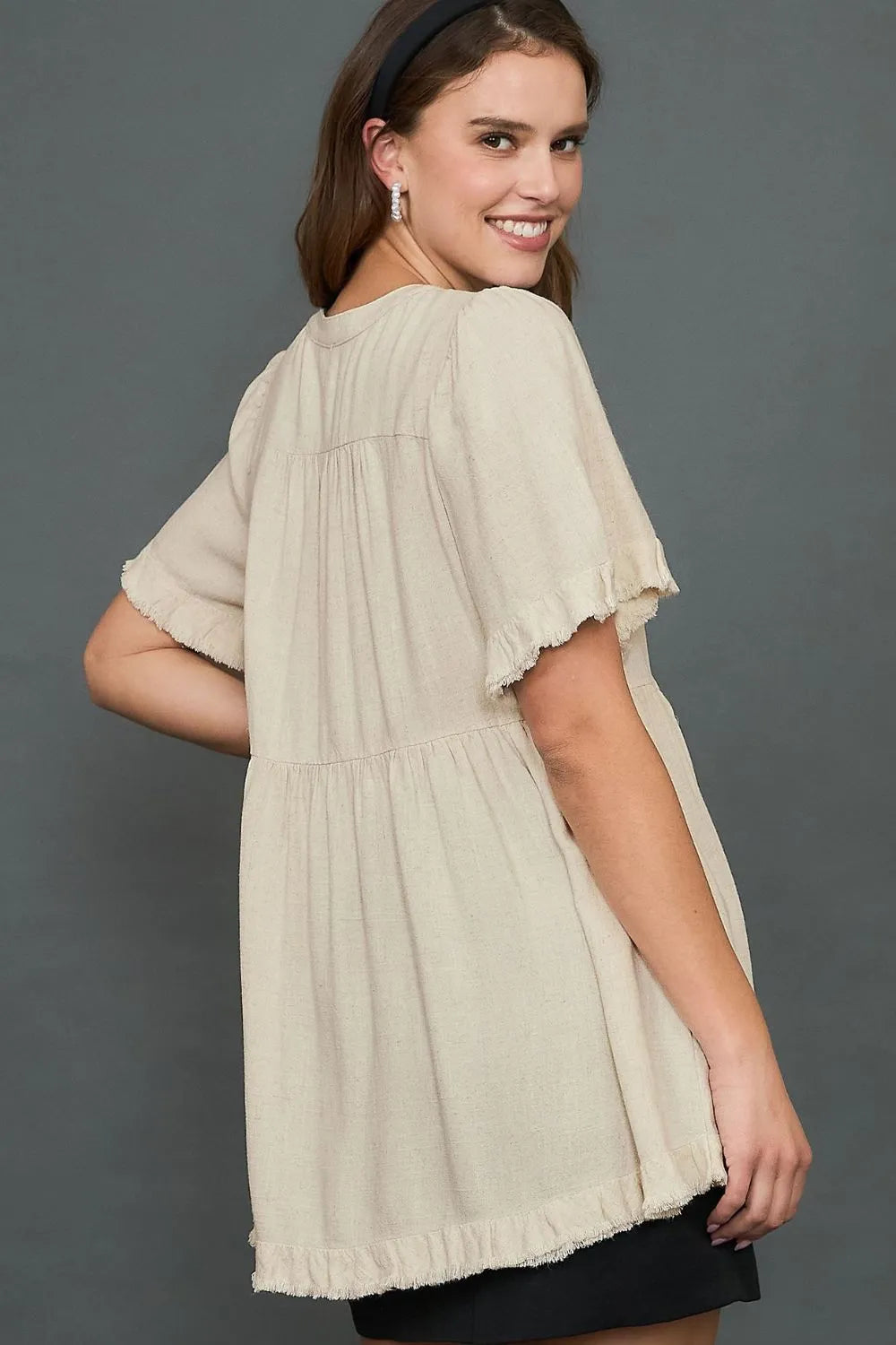 Dreamy Days Raw Hem Babydoll Linen Blouse