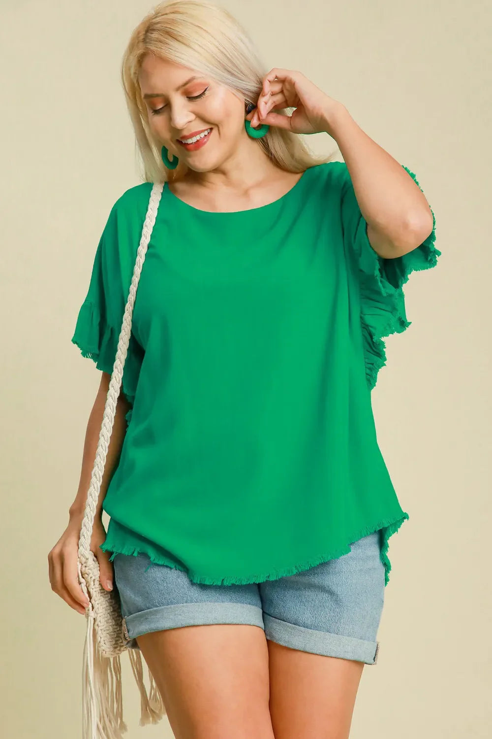 Tuscany Terrace Linen Raw Hem Ruffle Blouse