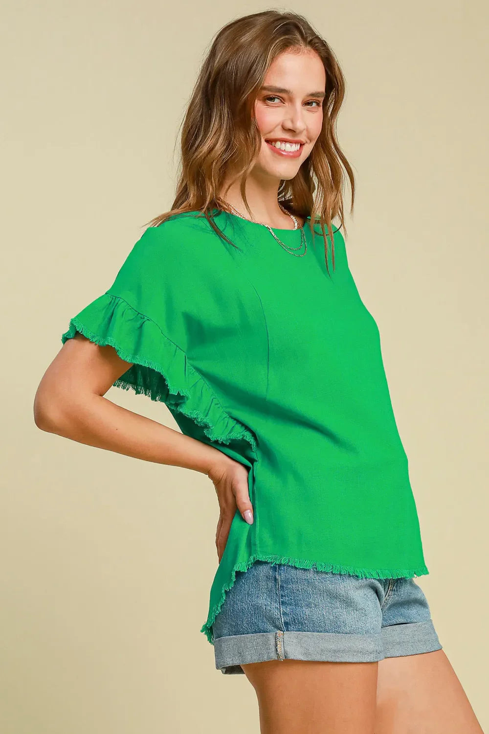 Tuscany Terrace Linen Raw Hem Ruffle Blouse