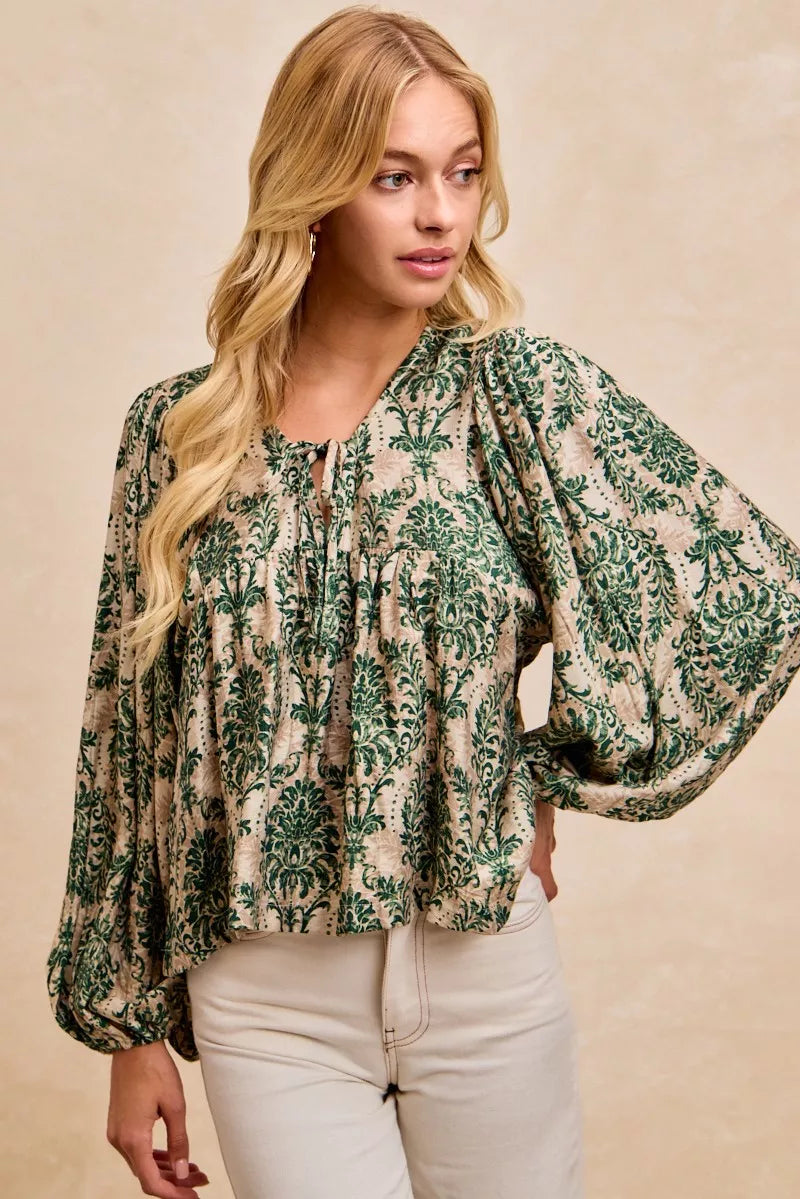 BiBi Printed Woven Front Tied Blouse with Baloon Sleeve