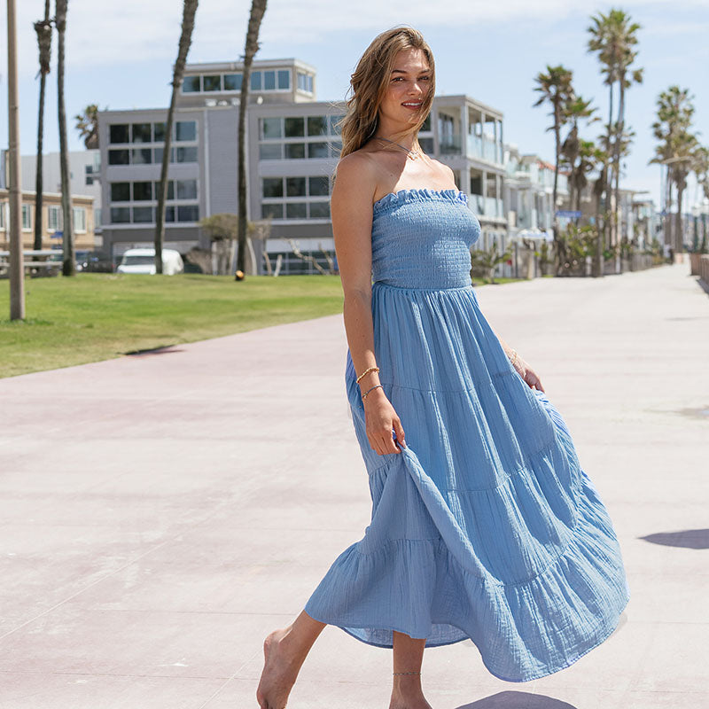 Denim Blue Cotton Mai Tai Strapless Maxi Dress