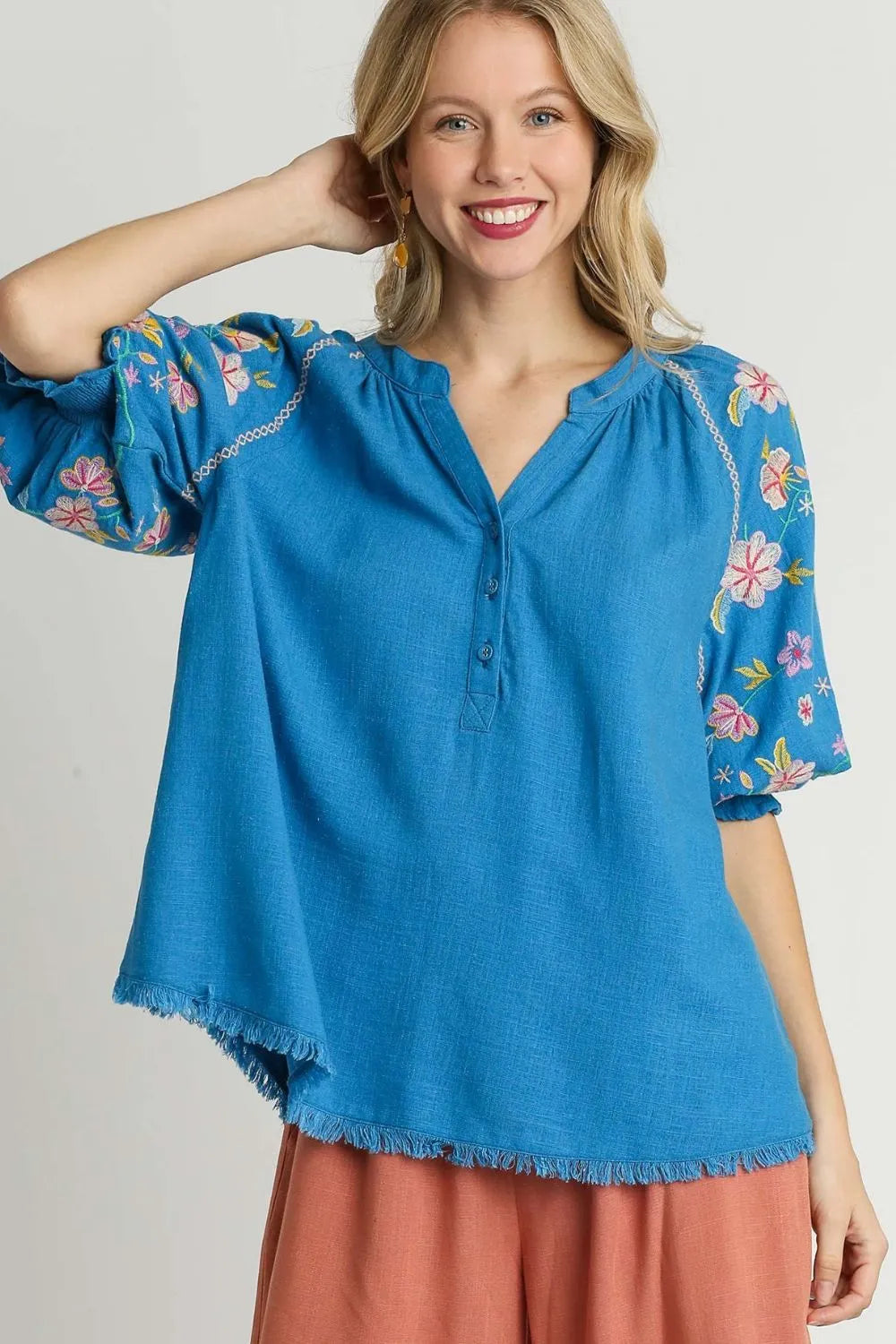 Oceanview Breeze Linen Embroidery Blouse