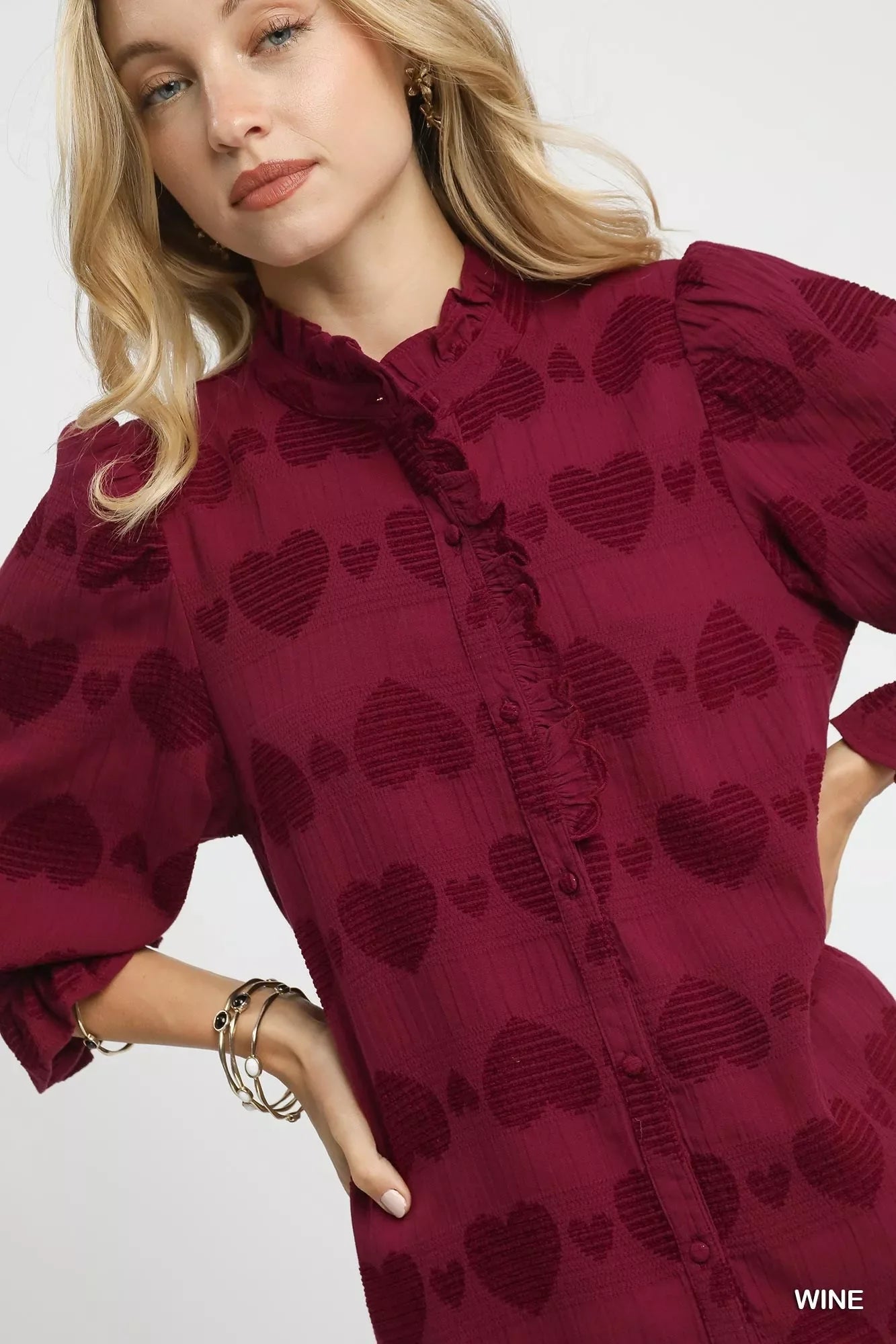 Merlot Heart Jacquard 100 Cotton Ruffle Top