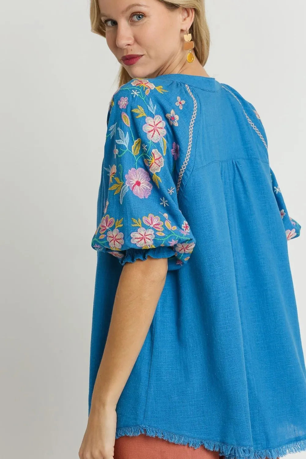 Oceanview Breeze Linen Embroidery Blouse