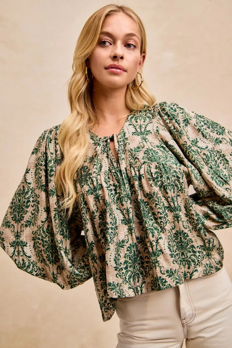 BiBi Printed Woven Front Tied Blouse with Baloon Sleeve