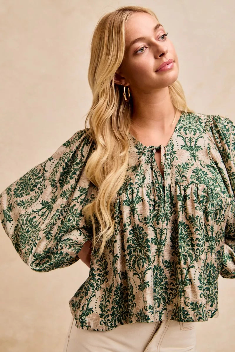 BiBi Printed Woven Front Tied Blouse with Baloon Sleeve