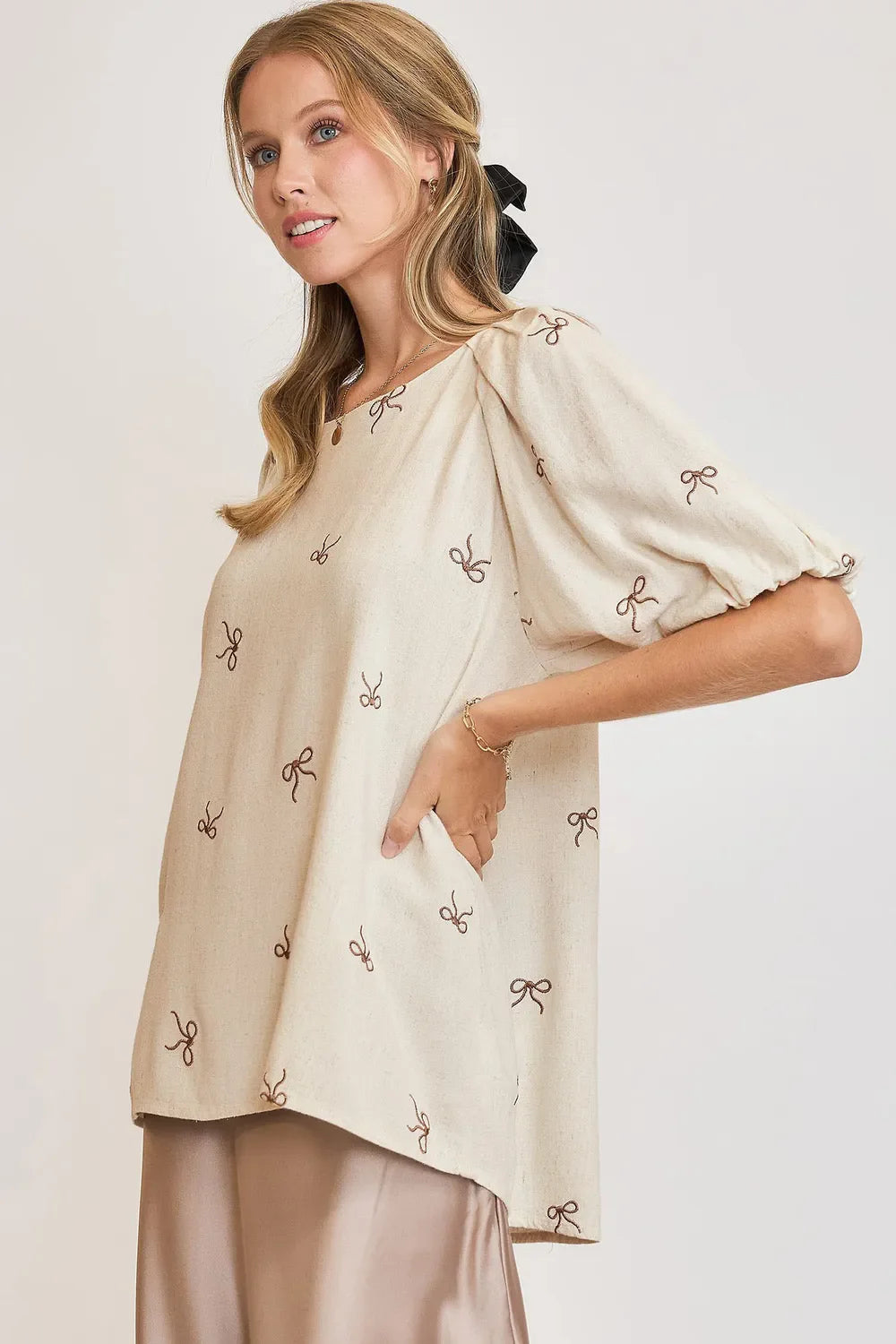 Coquette Cutie Linen Bow Ribbon Embroidered Top