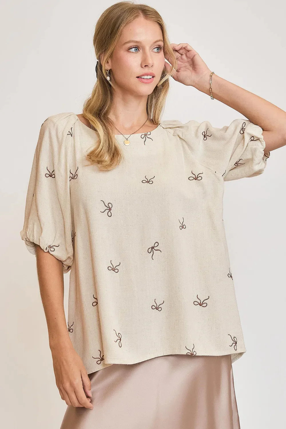 Coquette Cutie Linen Bow Ribbon Embroidered Top