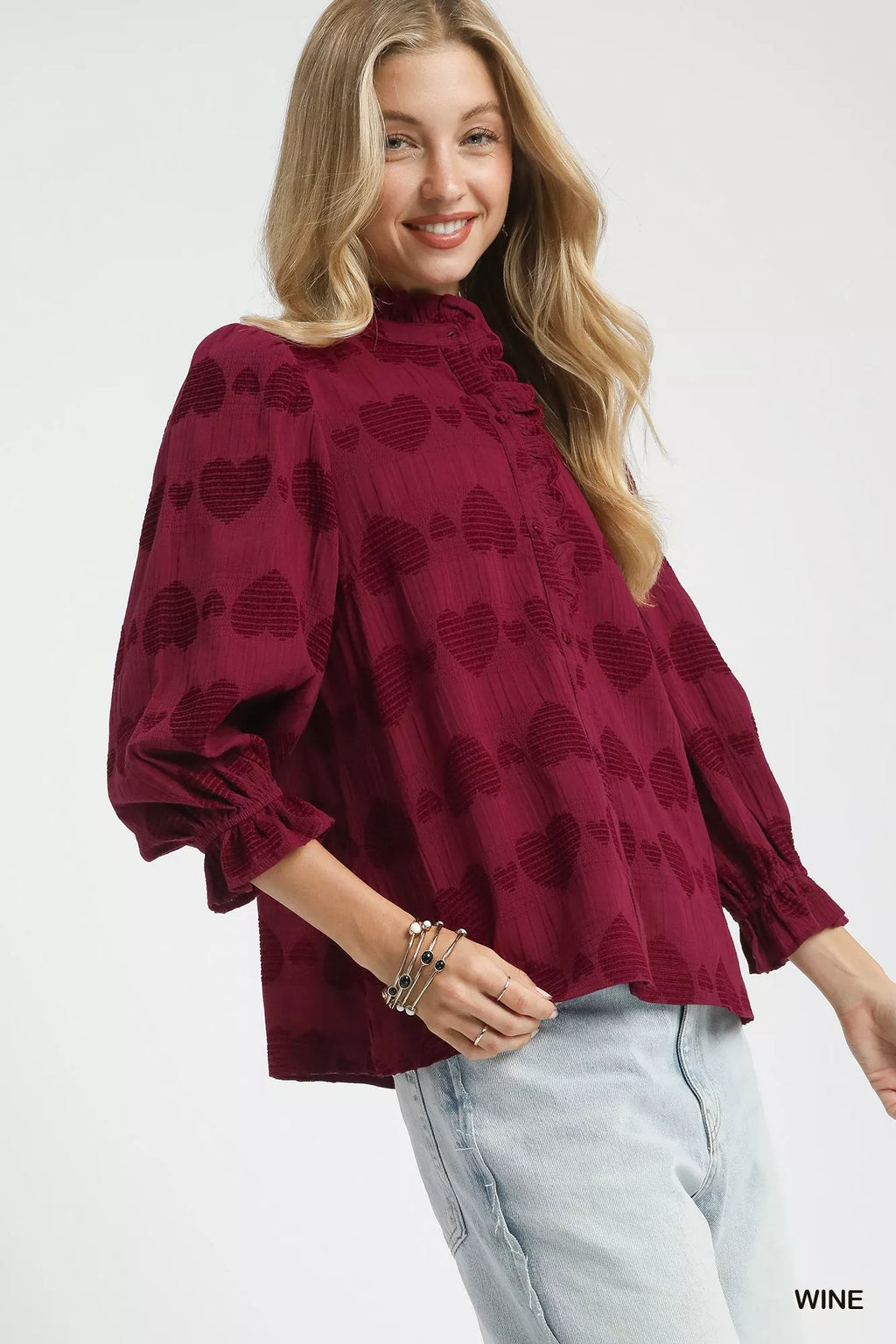 Merlot Heart Jacquard 100 Cotton Ruffle Top