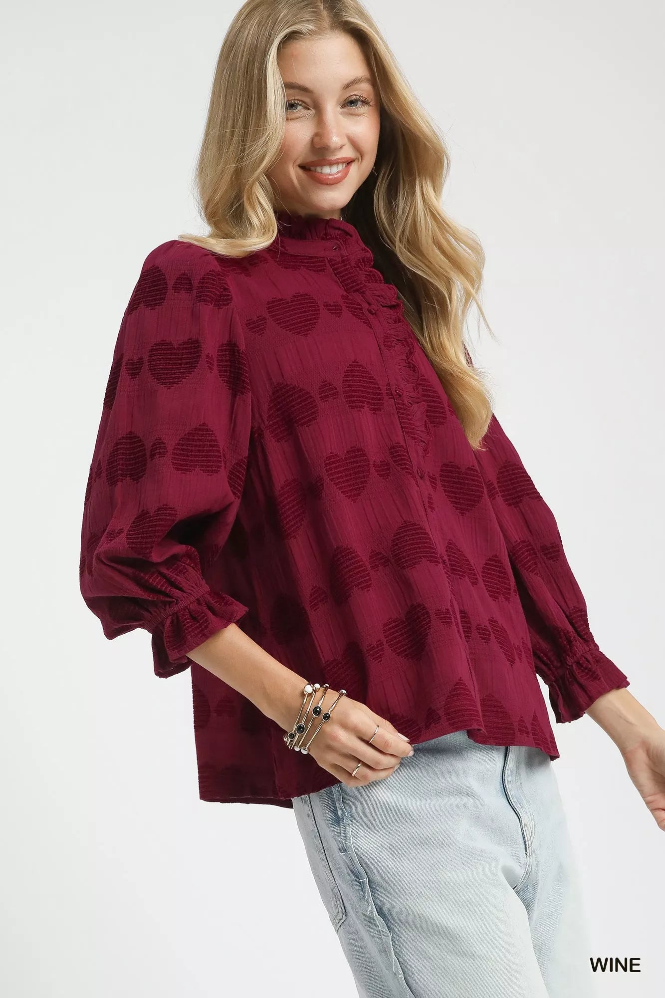 Merlot Heart Jacquard 100 Cotton Ruffle Top