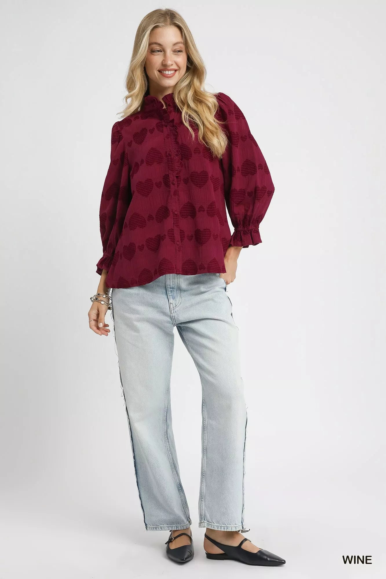Merlot Heart Jacquard 100 Cotton Ruffle Top
