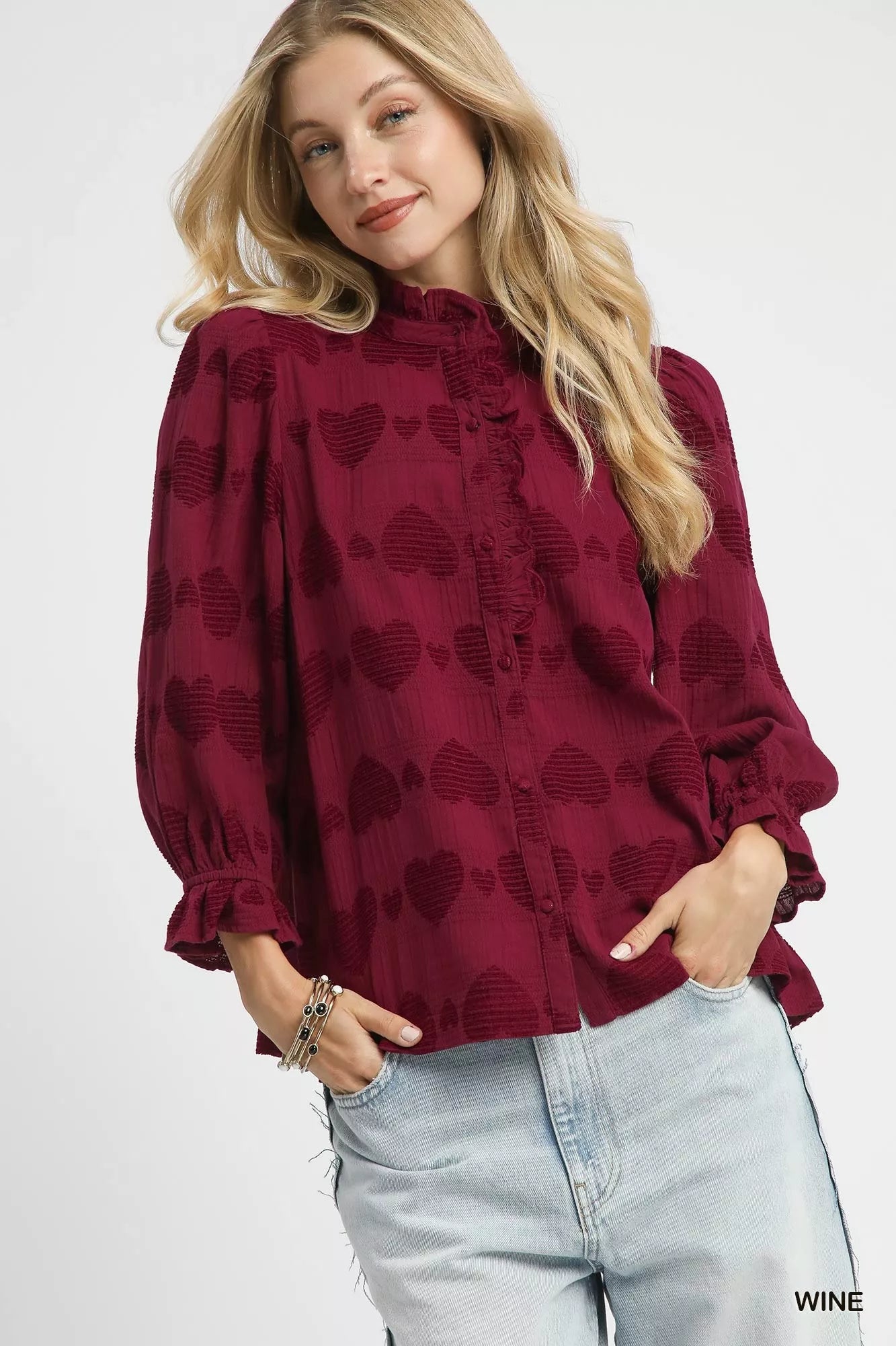 Merlot Heart Jacquard 100 Cotton Ruffle Top