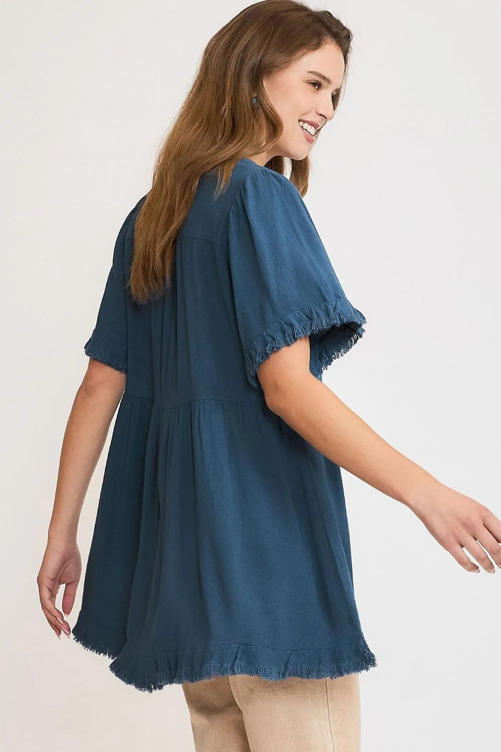 Provence Picnic Raw Hem Babydoll Linen Blouse