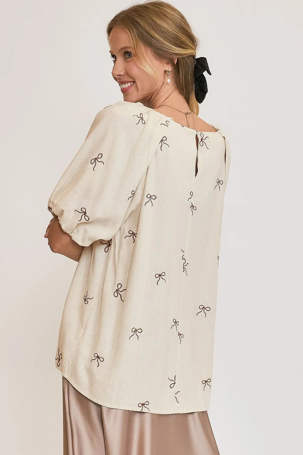 Coquette Cutie Linen Bow Ribbon Embroidered Top