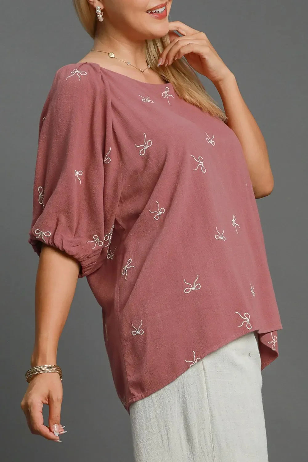 Coquette Cutie Linen Blend Ribbon Embroidered Top Plus Size