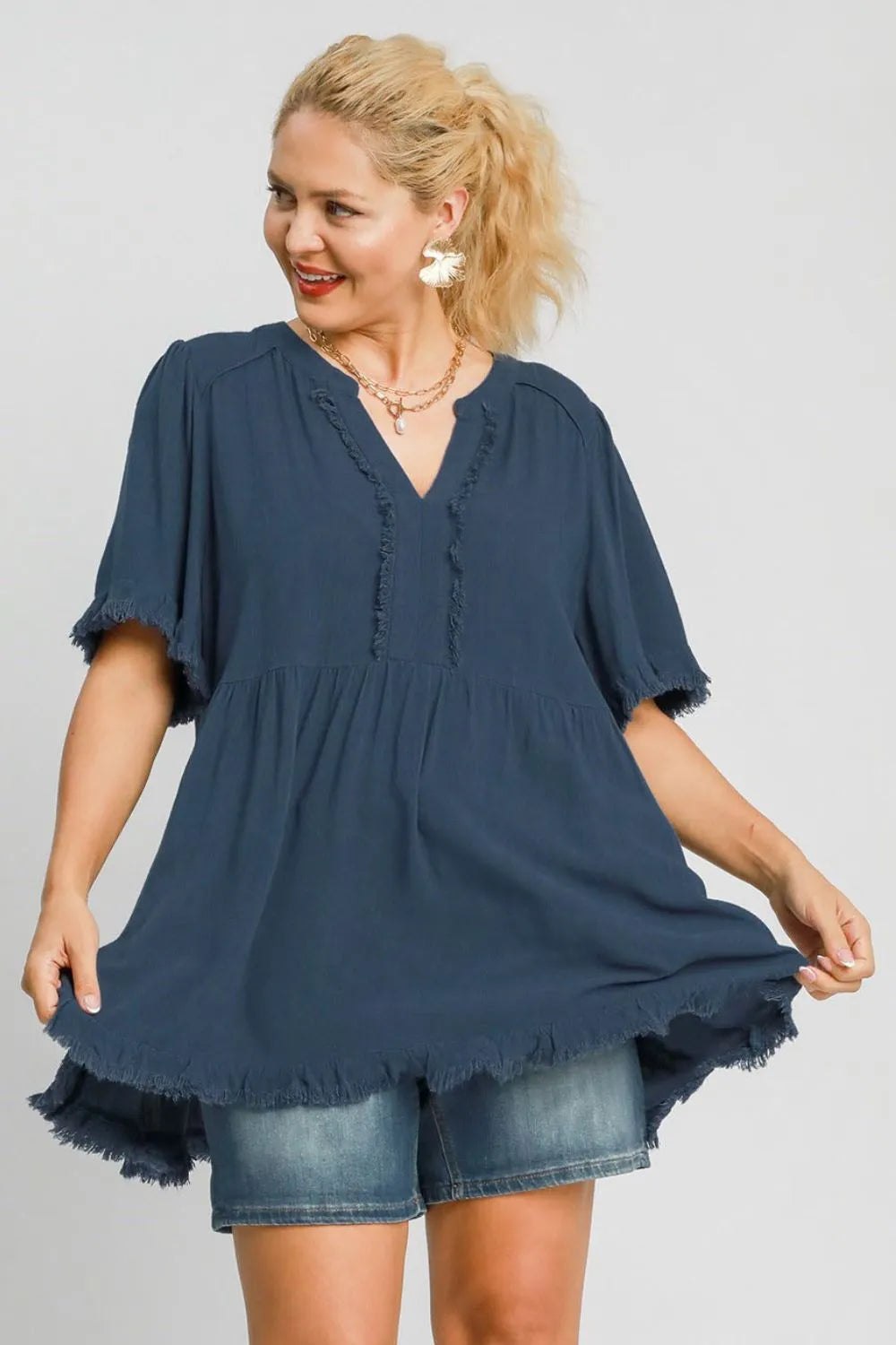 Provence Picnic Raw Hem Babydoll Linen Blouse