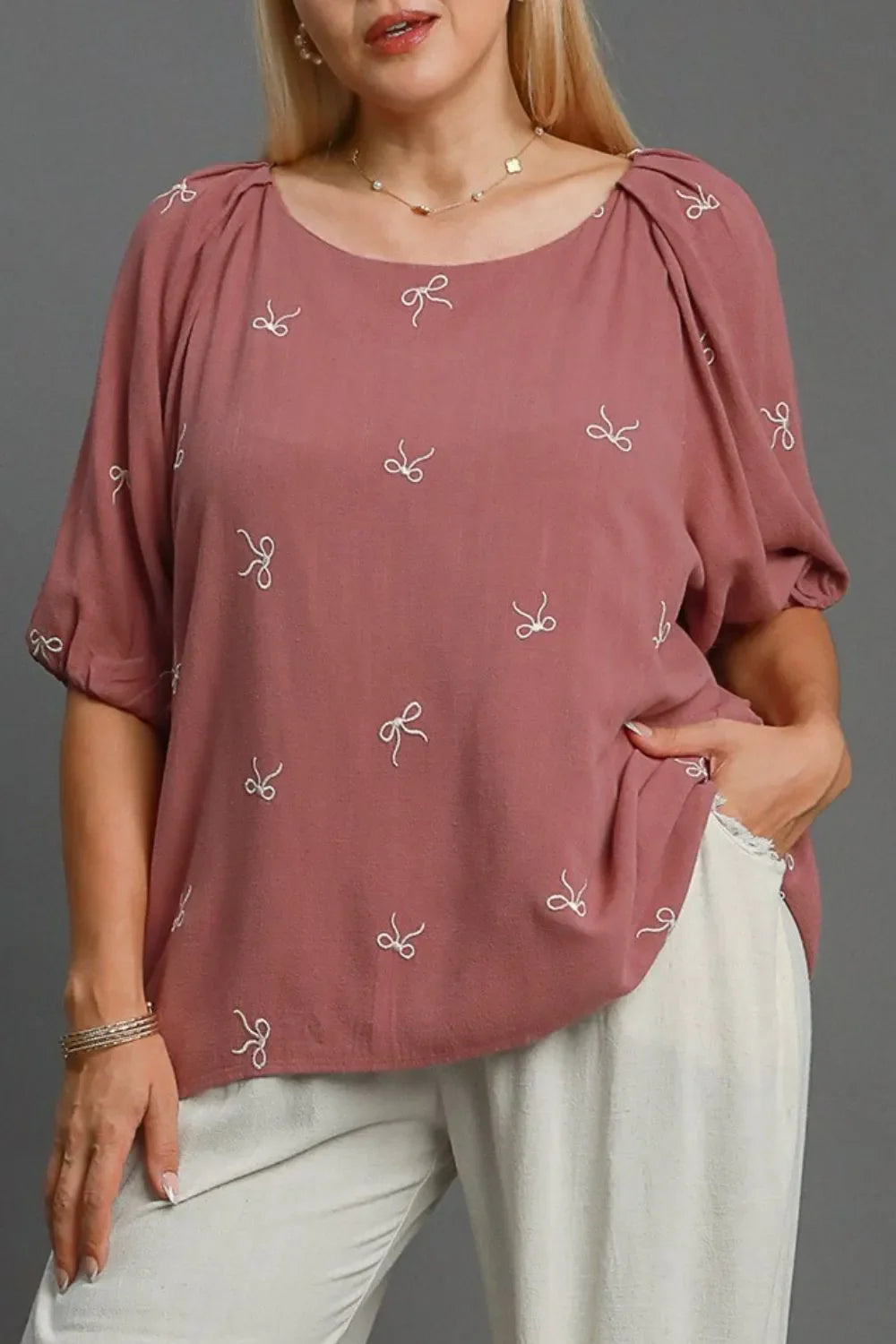Coquette Cutie Linen Blend Ribbon Embroidered Top Plus Size