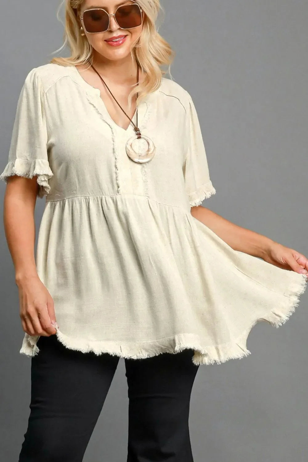Dreamy Days Raw Hem Babydoll Linen Blouse